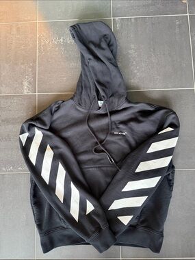 Off-White Black Hoodie with White Diagonal Sleeve Stripes size large